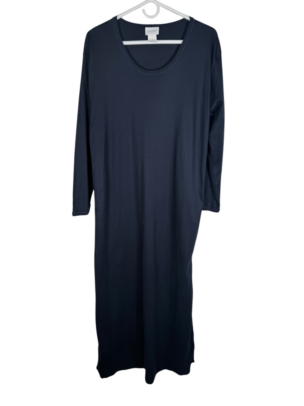 HANRO of Switzerland Navy Mercerized Cotton Long Sleeve Maxi Nightgown - Large